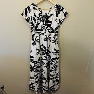 Tahari Linen Maxi Dress Tiered Black White Palm Trees Vacation Resort Beach Sz S